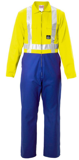 Hi-visibility blue and yellow Hard Yakka zip overalls, size 6, with durable fabric, pockets, and internal vents for comfort.