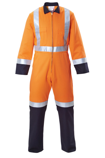 Hard Yakka TTMC-W17 Lightweight Cotton Overalls in vibrant orange and navy, featuring zip closure, elastic waist, and multiple pockets.