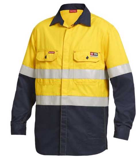 Hi-vis yellow and navy flame-resistant shirt, size 4XL, designed for safety with reflective tape, pockets, and anti-static features.