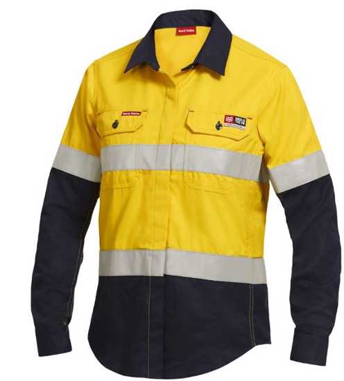 Bright yellow and navy flame-resistant shirt for women, featuring reflective tape and durable pockets for safety and comfort.