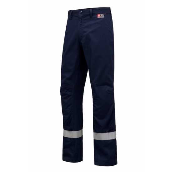 Navy flame-resistant cargo pants with knee pad inserts, durable fabrics, and articulated knees for enhanced mobility and safety.