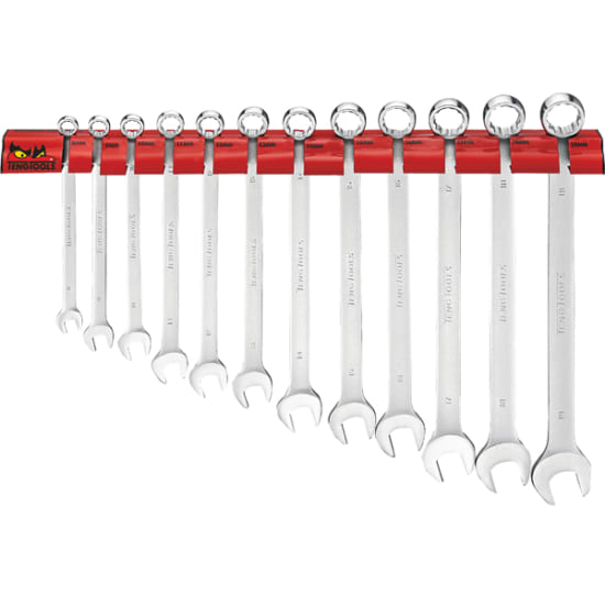 Teng LMP 12pc Metric Spanner Set on wall rack, featuring chrome vanadium steel spanners with 15-degree angled heads.