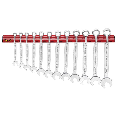 Teng Antislip Comb. Spanner Set on wall rack with 12 chrome vanadium steel tools, featuring anti-slip design and 12-point heads.