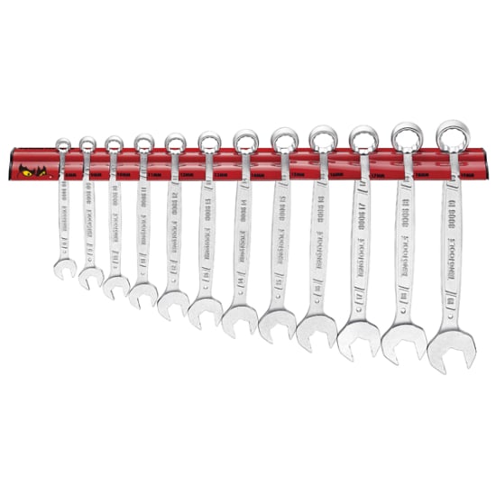 Teng Antislip Comb. Spanner Set on wall rack with 12 chrome vanadium steel tools, featuring anti-slip design and 12-point heads.