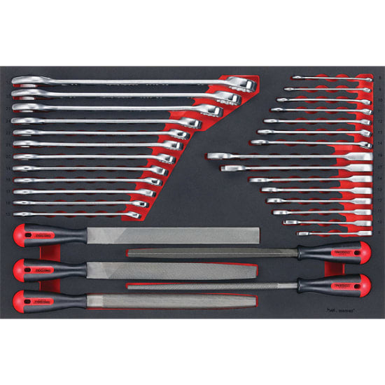 Teng Roe 32pc Spanner & File Set featuring ratchet spanners, standard spanners, and four 250mm files in an organized EVA tray.