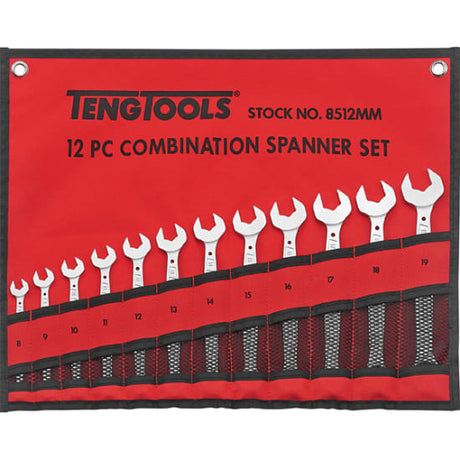 Teng 12 pc Antislip Comb Span Set featuring chrome vanadium steel spanners with anti-slip design and convenient tool roll.