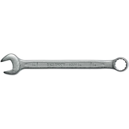 Teng 14mm combination spanner with Chrome Vanadium Steel, 12-point ring, and hip grip ends for secure fastening.