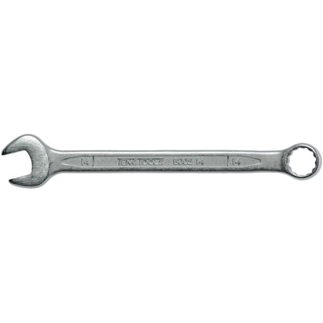 Teng 14mm combination spanner with Chrome Vanadium Steel, 12-point ring, and hip grip ends for secure fastening.