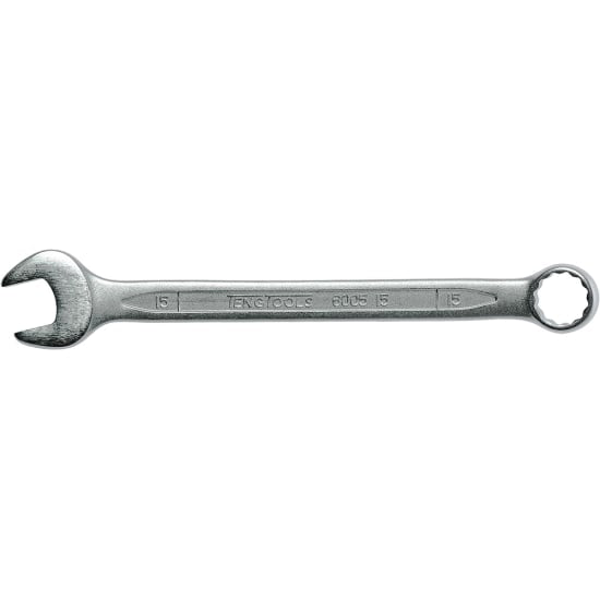 Teng 15mm combination spanner with polished heads, satin finish, and 12-point ring end for easy access in tight spaces.