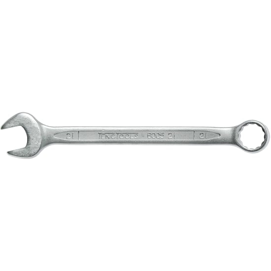 Teng 21mm combination spanner with 12-point ring ends, chrome vanadium steel, and polished satin finish for durability.