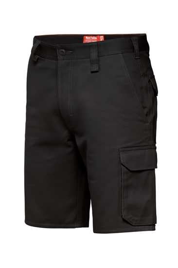 Hard Yakka black cargo shorts in size 12, made from durable cotton, feature multiple pockets and stylish red accents.