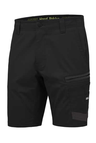 Black Hard Yakka Raptor Active Shorts, Size 112, featuring durable ripstop fabric, reflective logo, and elastic waistband for comfort.