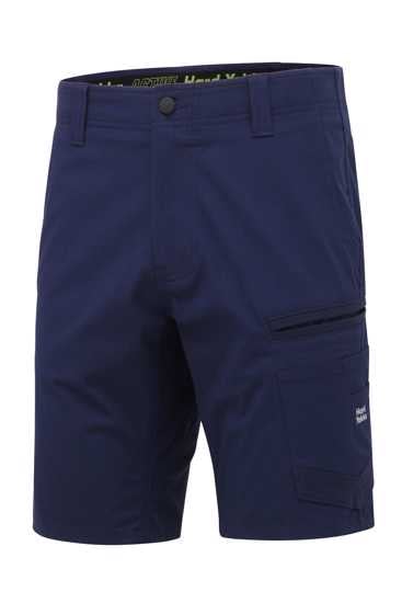 Navy Hard Yakka Raptor Active Shorts (Size 97) featuring flexible fabric, reinforced panels, and reflective details for work safety.