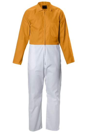 Hard Yakka Polycotton Long Sleeve Overall in size 16, featuring durable fabric, concealed zip, and stylish white/orange design.