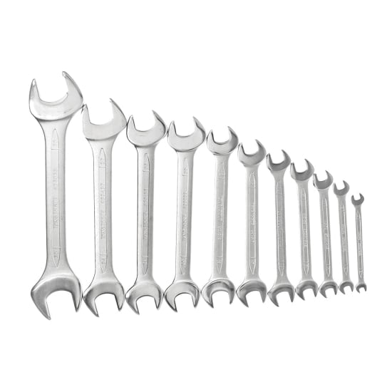 Teng Double Open End Metric Spanner Set features 11 spanners with two sizes each, chrome vanadium finish, and 15-degree offset.