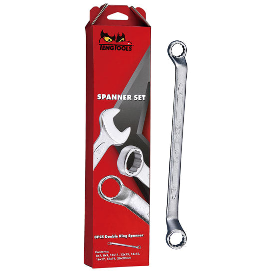 8-piece Teng double ring metric spanner set with sizes 6-22mm, featuring chrome vanadium finish and ergonomic design.