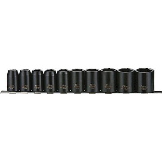 Teng 10pc impact socket set featuring 1/2" drive, chrome molybdenum, and sizes 10-24mm on an organized clip rail.