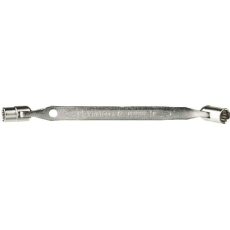 Teng 8x9mm double-flex wrench with swivel ends, 12-point sockets, chrome vanadium finish, 90-degree angle for added torque.