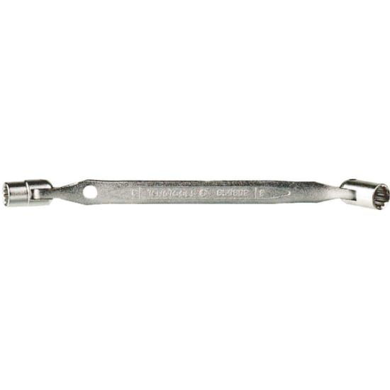 Teng 8x9mm double-flex wrench with swivel ends, 12-point sockets, chrome vanadium finish, 90-degree angle for added torque.