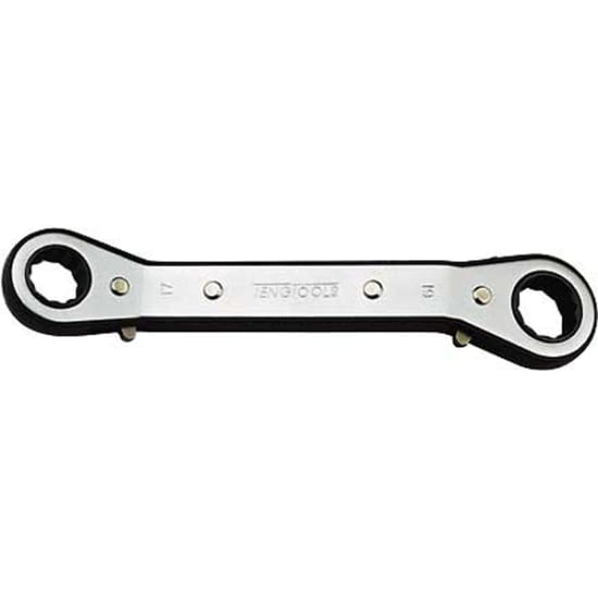 Teng 6mmx8mm ratchet offset double ring spanner with 25-degree heads for tight spaces, chrome vanadium steel, and 12-point design.