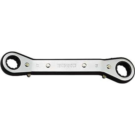 Teng 10mmx13mm Ratchet Off-Set Double Ring Spanner with 25-degree heads for tight spaces, featuring durable chrome vanadium finish.