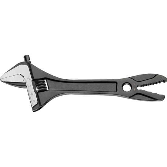 8" adjustable wrench with integral measurement scale, wider jaw opening, and alligator grip for versatile fastening tasks.