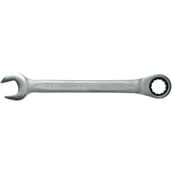 15mm Teng ratchet combination spanner with a unique design for efficient tightening in tight spaces, made from durable chrome vanadium.