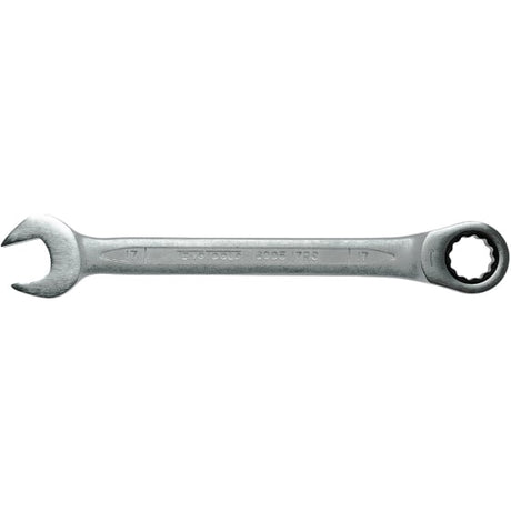 17mm ratchet combination spanner featuring dual ends, 72 teeth mechanism, chrome vanadium finish, and hip grip design for secure use.