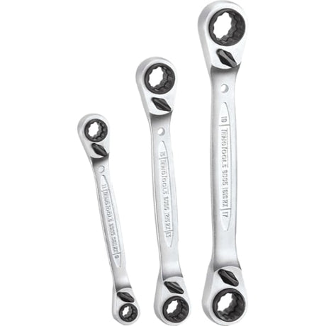 Teng Multi-Drive Ratchet Ring Spanner Set 6503RX, 3-piece set with 12 size options and 72-teeth ratchet design in tool roll.