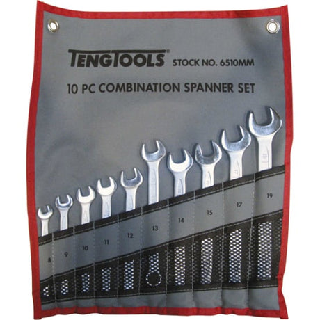 Teng 10-piece metric spanner set in tool roll, featuring 15-degree offset and chrome vanadium finish for durability and grip.