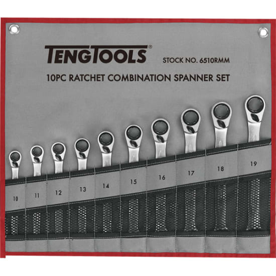 Teng 10-piece reverse ratchet spanner set with chrome vanadium finish, featuring 72 teeth and a tool roll wallet for easy access.