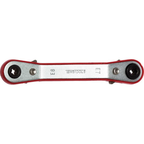 Teng E8-E10 Ratchet Off-Set Double Ring Spanner with 25-degree offset, featuring durable chrome vanadium finish for outdoor tasks.