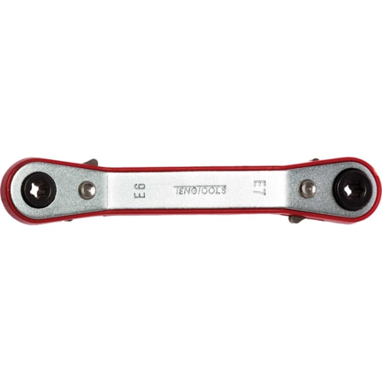 Teng E8-E10 Ratchet Off-Set Double Ring Spanner with 25-degree offset, featuring durable chrome vanadium finish for outdoor tasks.