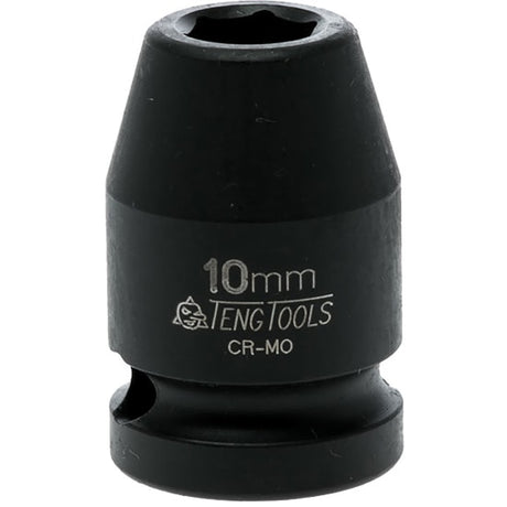 1/2in drive 10mm impact socket with 6-point grip, chrome molybdenum construction, and black phosphate finish for easy identification.