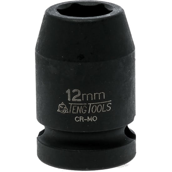 1/2in Dr. Impact Socket 12mm DIN, chrome molybdenum, 6-point design, black phosphate finish, ideal for power tools and securing connections.