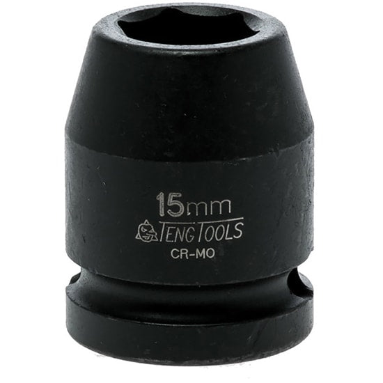 1/2in drive 15mm impact socket with 6-point design, chrome molybdenum construction, and black phosphate finish for durability.