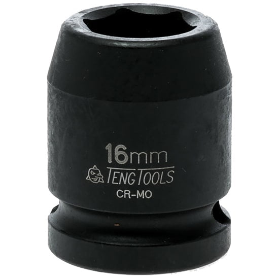 1/2in Dr. Impact Socket 16mm DIN, black phosphate finish, crafted from chrome molybdenum, for high-torque automotive and DIY use.