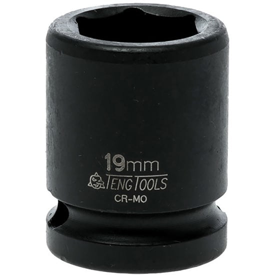 1/2in Dr. impact socket 19mm DIN, chrome molybdenum construction, 6-point design, black phosphate finish for easy identification.