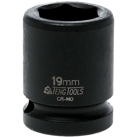 1/2in Dr. impact socket 19mm DIN, chrome molybdenum construction, 6-point design, black phosphate finish for easy identification.