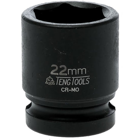 1/2in Dr. 22mm impact socket with 6-point grip, chrome molybdenum construction, and black phosphate finish for durability.