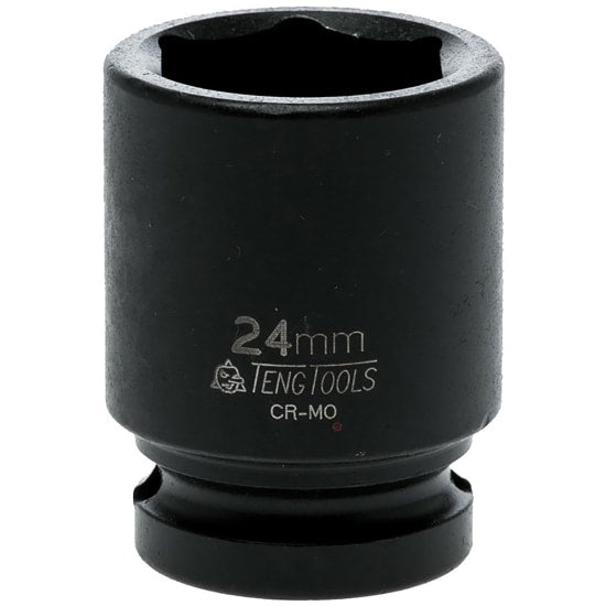 1/2 in Dr. impact socket 24mm DIN, crafted from chrome molybdenum, featuring a black phosphate finish for durability and corrosion resistance.