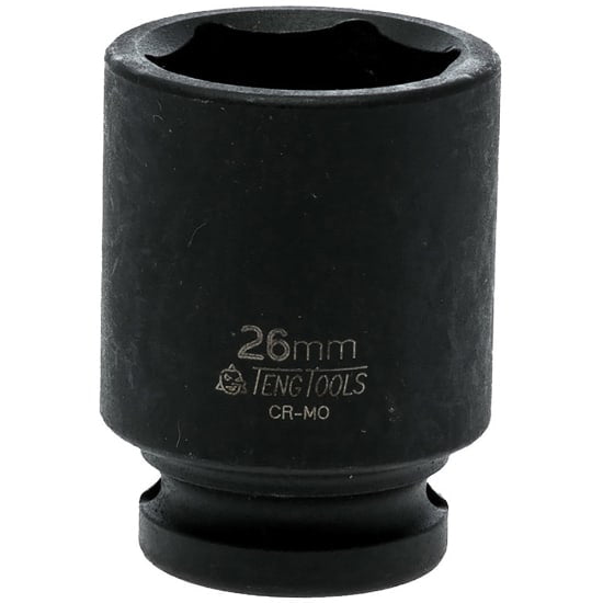 1/2" Drive 26mm Impact Socket by Teng Tools, featuring 6-point design, chrome molybdenum material, and black phosphate finish.