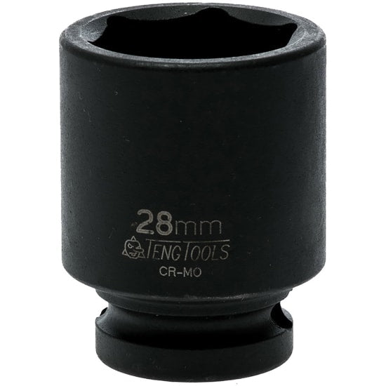 1/2in drive impact socket 28mm DIN, featuring a durable 6-point design, chrome molybdenum construction, and black phosphate finish.