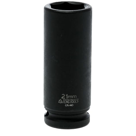 1/2in Dr. Deep Impact Socket 21mm DIN made of chrome molybdenum, featuring deep 6-point design, retaining pin, and black phosphate finish.