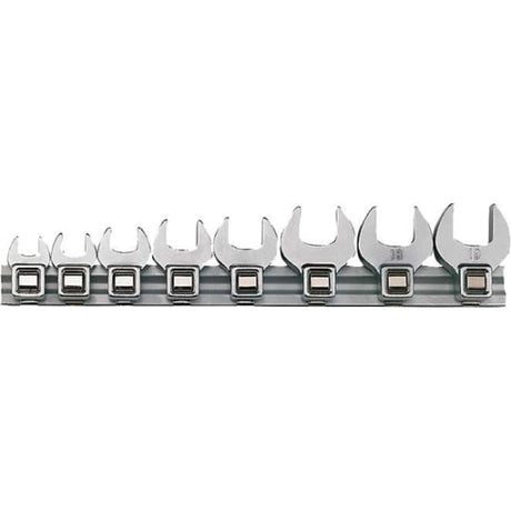 8-piece Teng Crowfoot Metric Wrench Set with chrome vanadium steel, ideal for tight spaces and easy storage on clip rail.