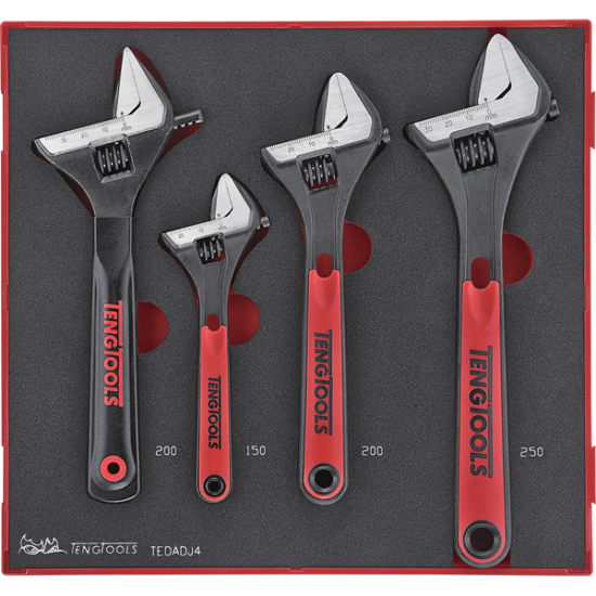 Four-piece Teng Adjustable Wrench Set featuring 6", 8", 10", and 8" wide jaw wrenches, organized in a double width tray.