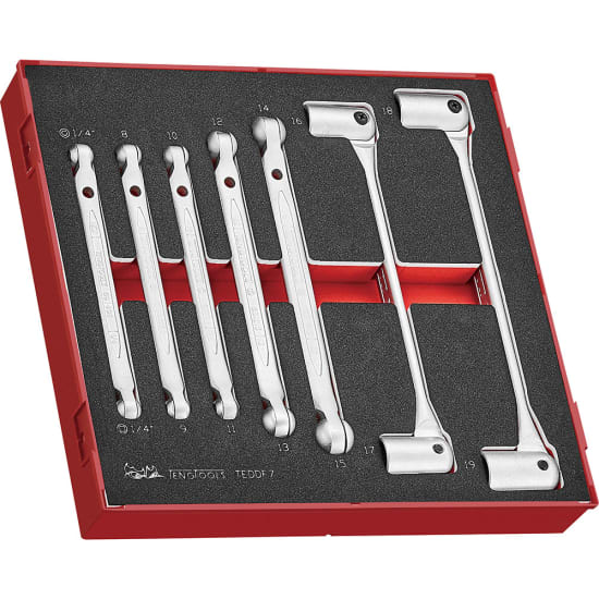 Teng Double Flex Wrench Set TEDDF7, 7-piece wrenches with 90-degree swivel ends for enhanced torque and ease of use.