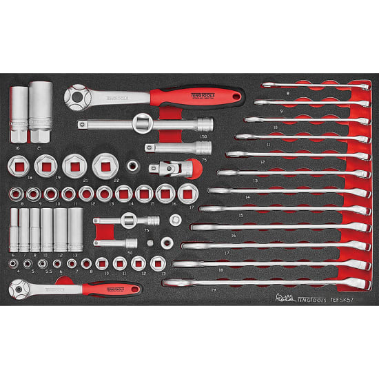 57-piece Teng Spanner and Socket Set in organized EVA foam for automotive and DIY tasks, compatible with Teng Tools TC-SC case.