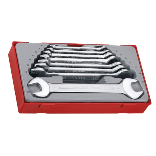 Teng 8-piece double open-end spanner set featuring 16 sizes, chrome vanadium steel, and a 15-degree offset design.