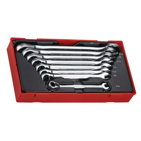 Teng Reverse Ratchet Imperial Spanner Set TC-Tray-8 Piece: 8 ratchet spanners in chrome vanadium, ideal for tight spaces and precise adjustments.